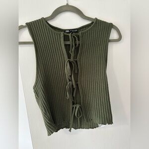 Zara Khaki Ribbed Sleeveless Top with Ties